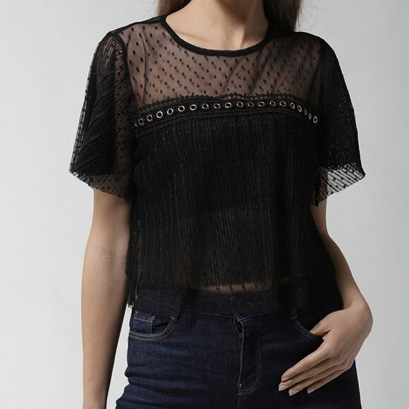 Forever 21 *Flawed* Pleated Sheer Mesh Polka Dot Crochet Lace Grommet Crop Top - Picture 2 of 16